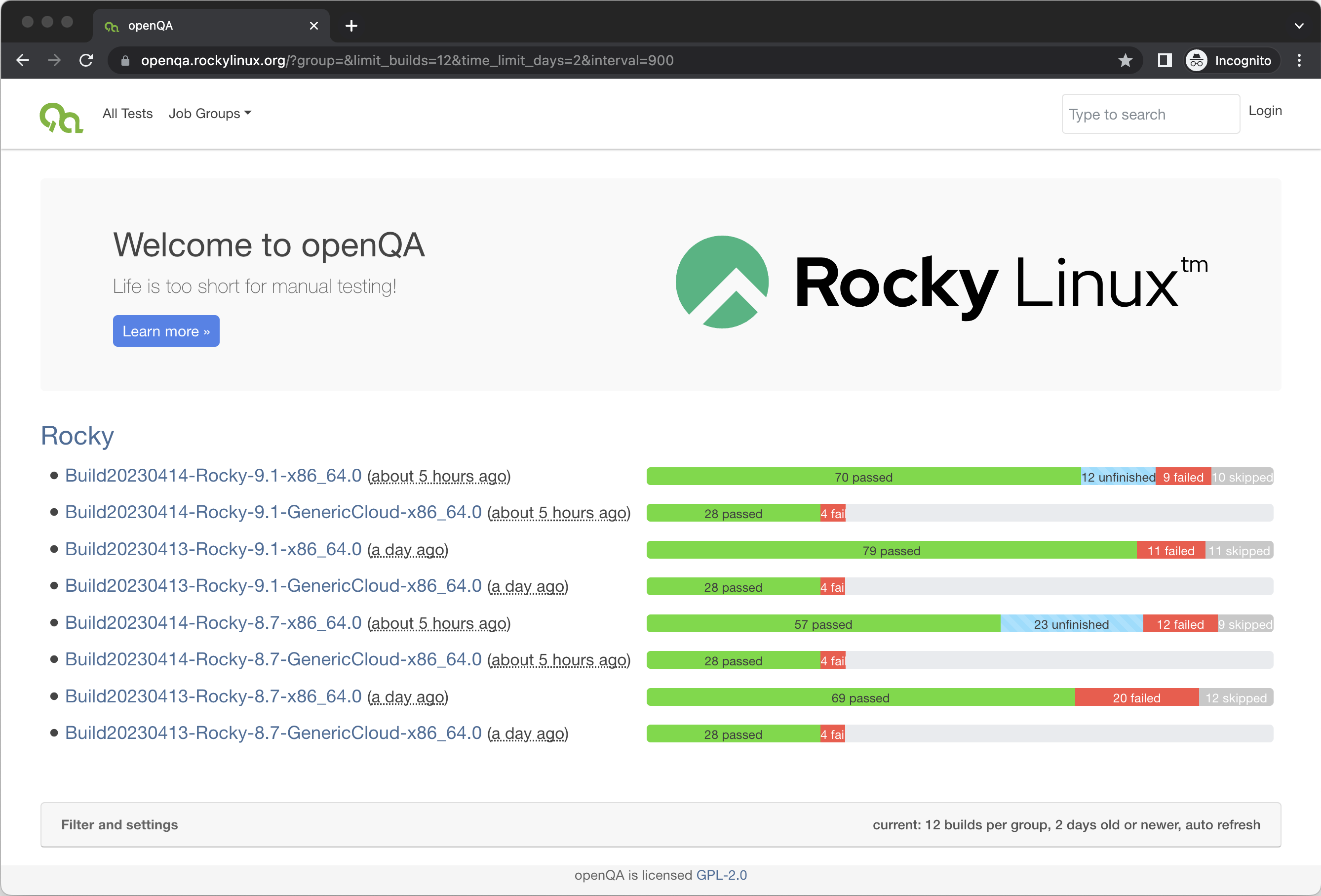 openQA Home View...